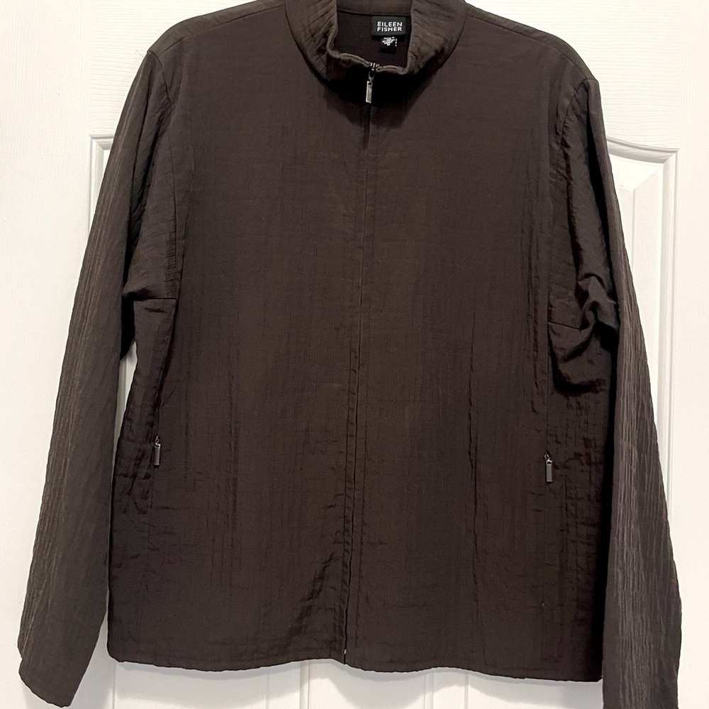 EILEEN FISHER WOMENS JACKET ITALIAN FABRIC SIZE M DARK BROWN ZIP FRONT POCKETS